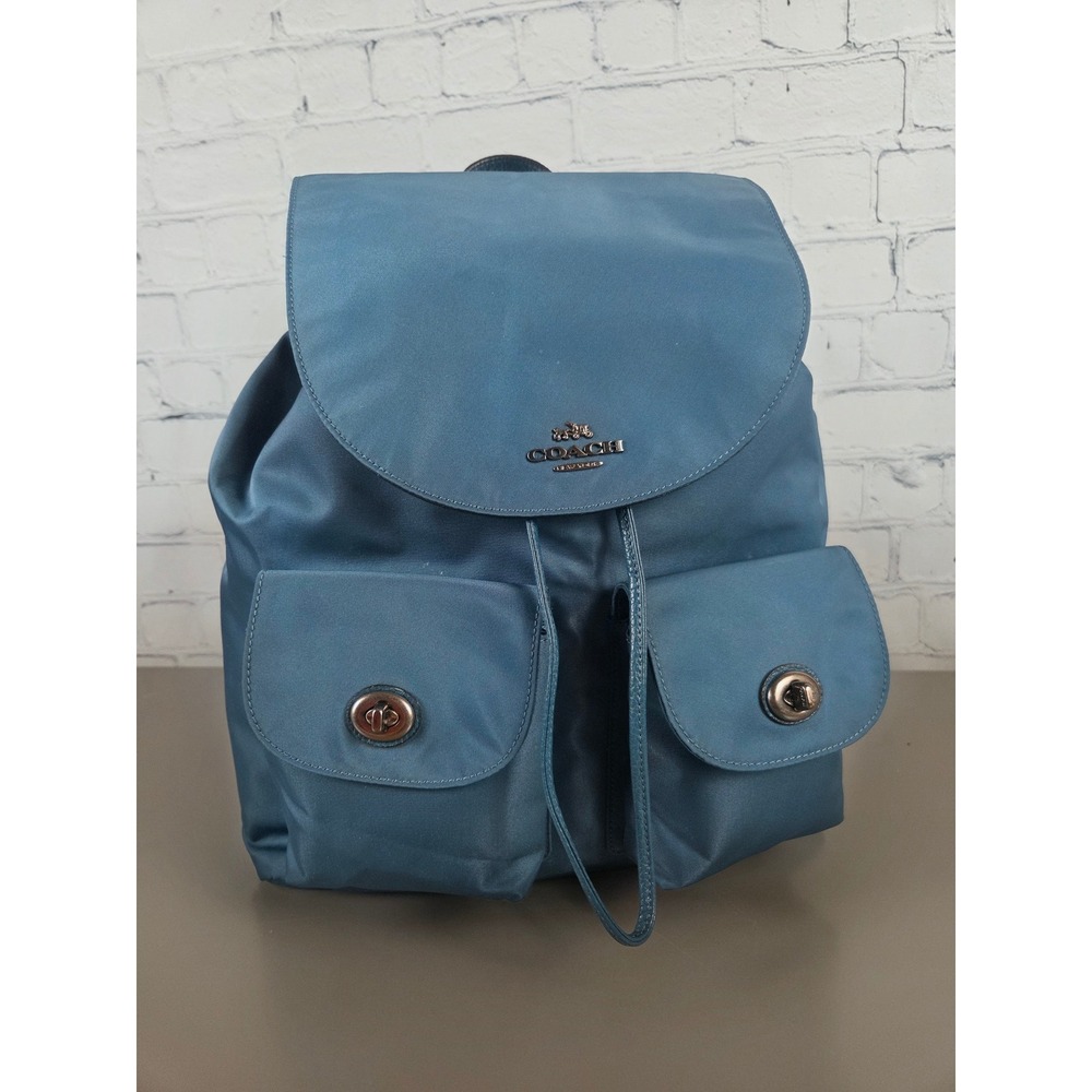Coach Blue Teal Nylon Leather Backpack F58814 Silver Turnlock Bag Womens purse